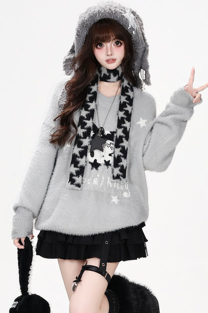 Jersey suelto de jacquard con gatito y estrella