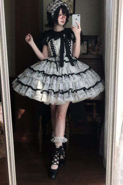 Lolita-Kleid mit Tuschewaschung und Fischgrätenmuster