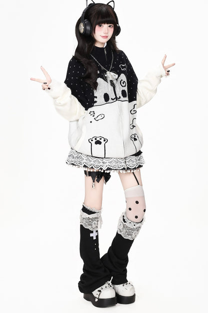 Cat Themed Color-Block Knit Cardigan
