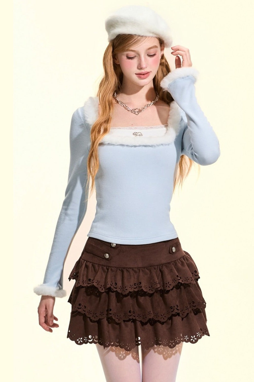 Brown Suede Multi-Layered Ruffle Cake Skirt