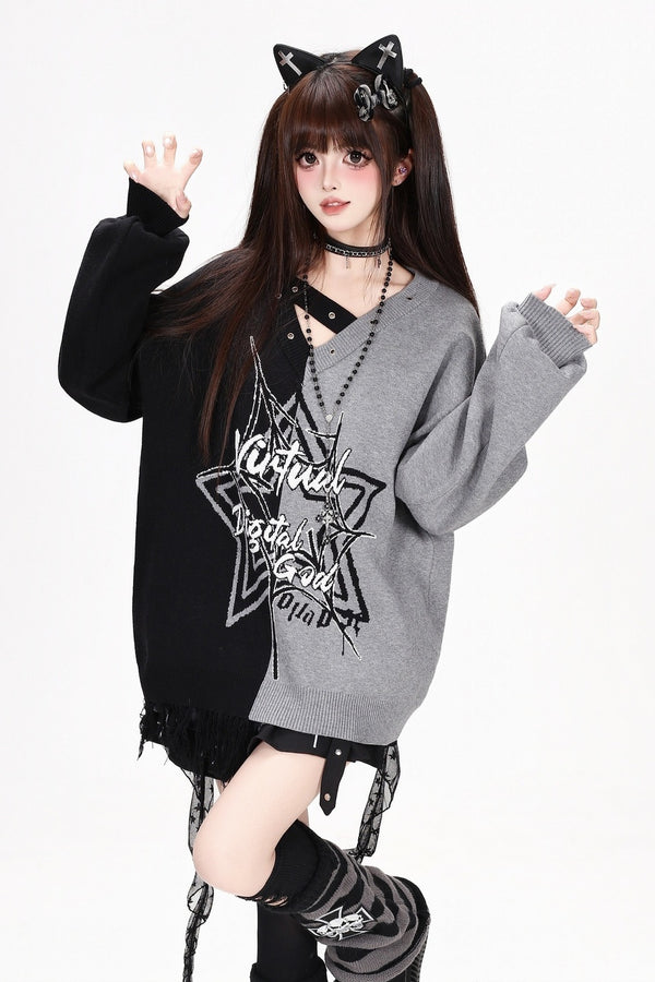 Star Color-Block Loose Pullover Sweater