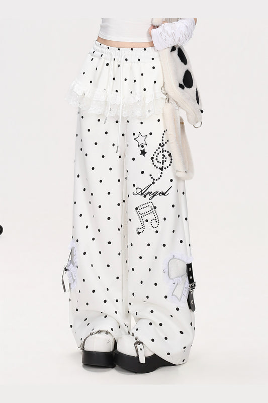 Polka Dot Lace Apron Bow Pants