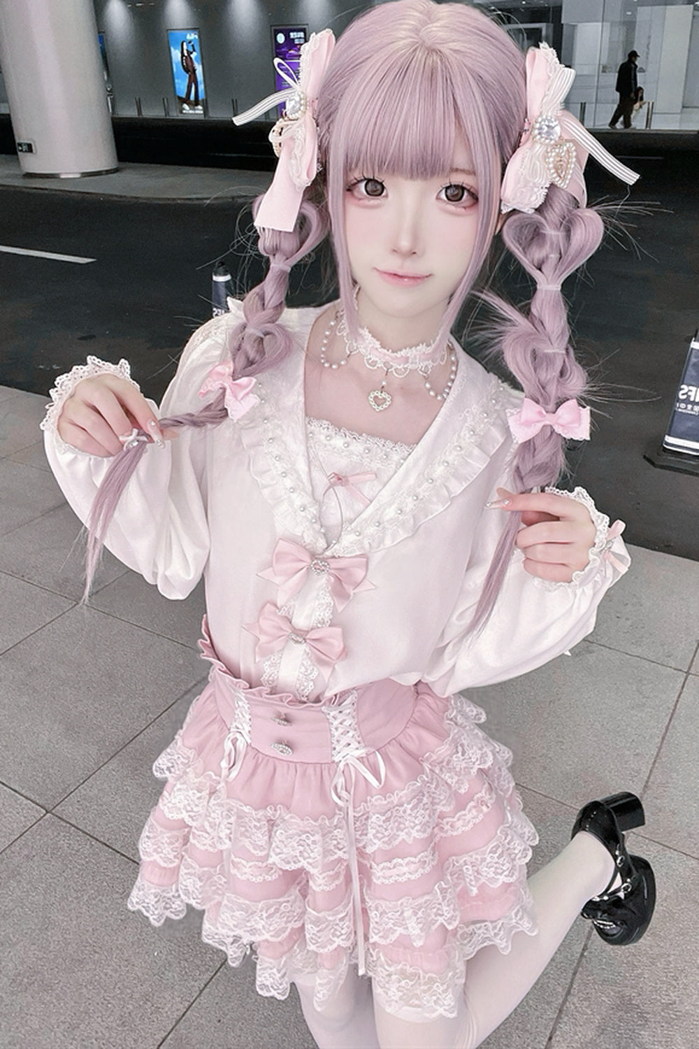 Sailor Collar Long-Sleeve Shirt and Tiered Skirt Set-Up