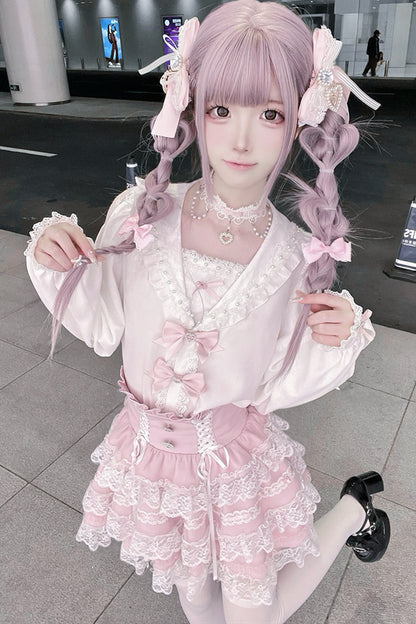 Sailor Collar Long-Sleeve Shirt and Tiered Skirt Set-Up