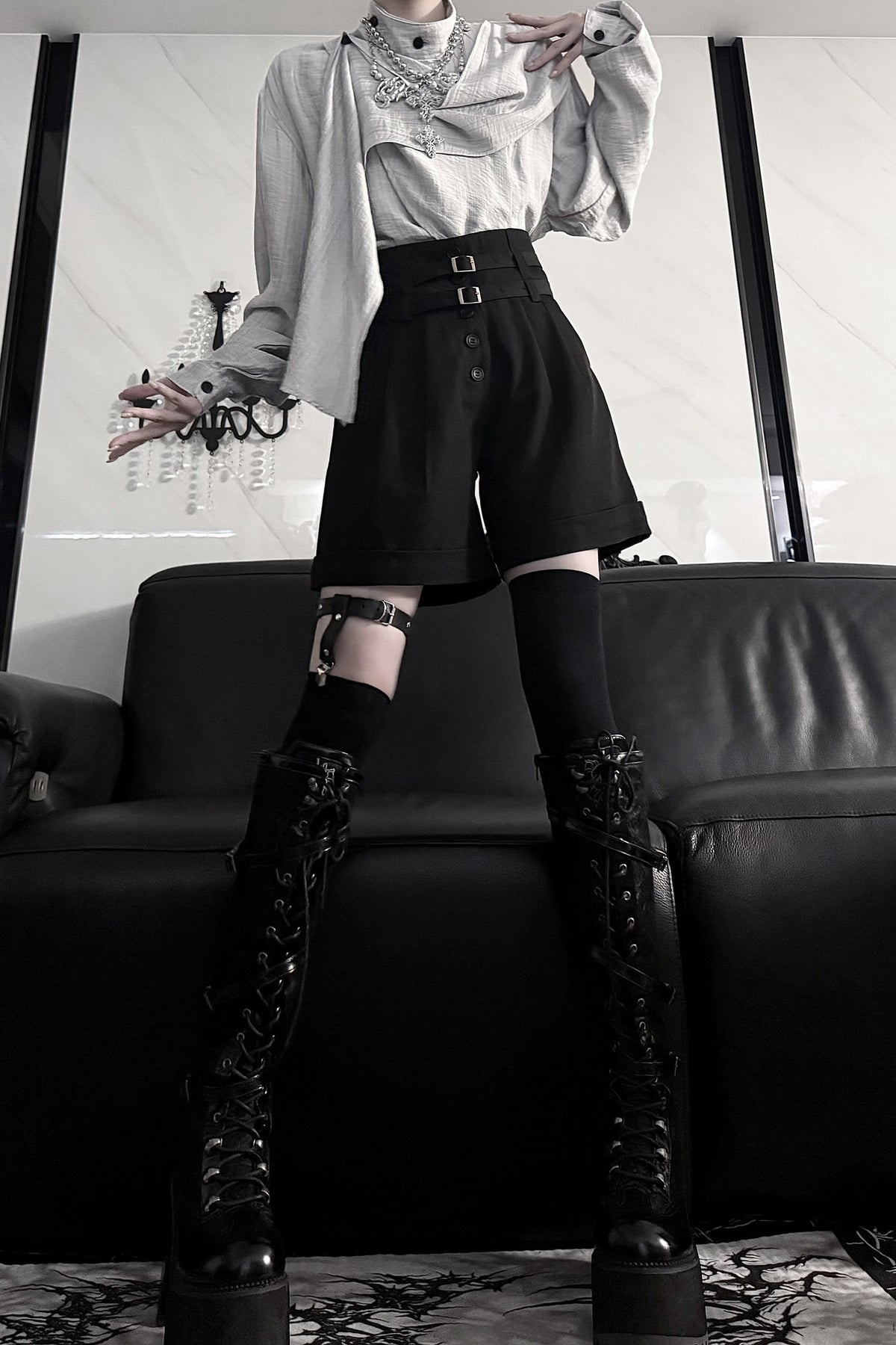 Mid-Waist Double Belt Biker Shorts