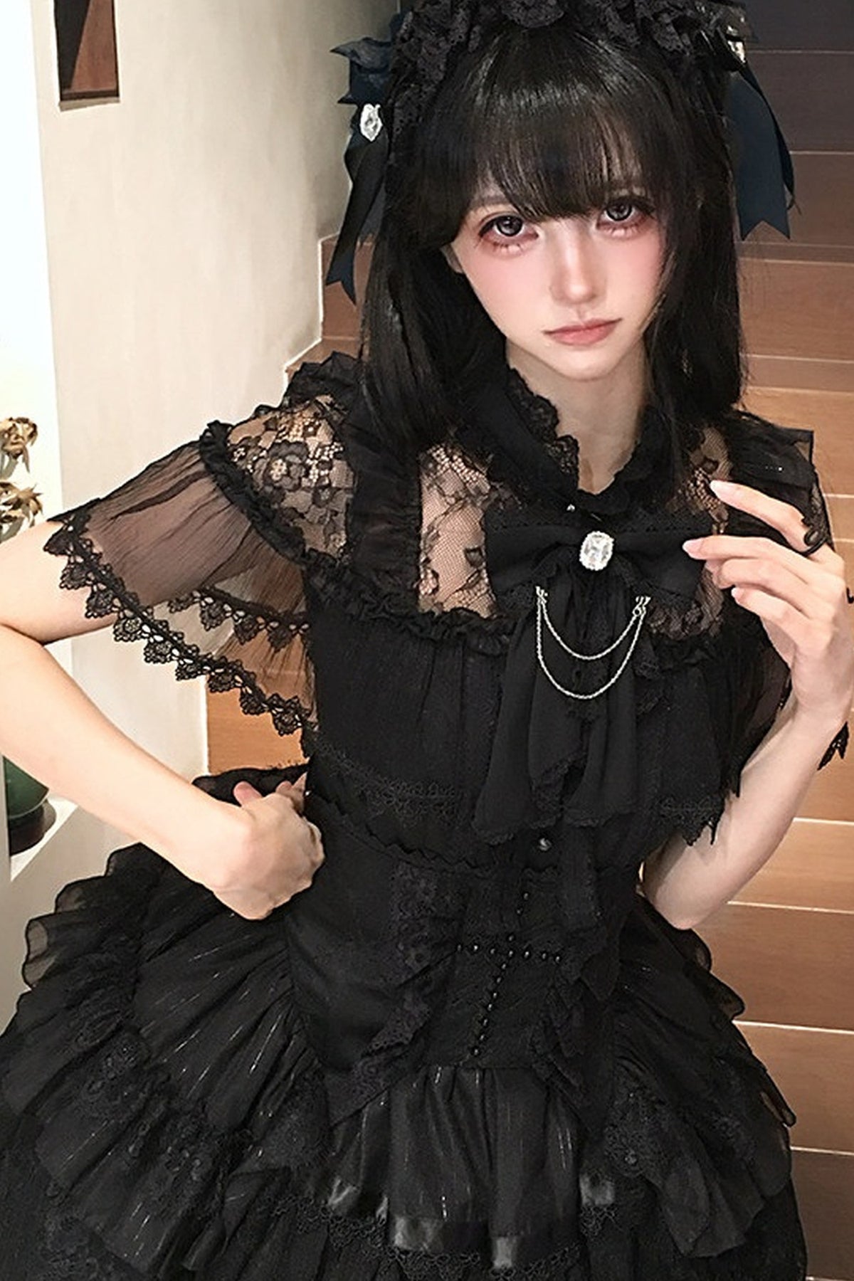 Gothic Short-Sleeve Tulle Waist Belt Dress Set-Up