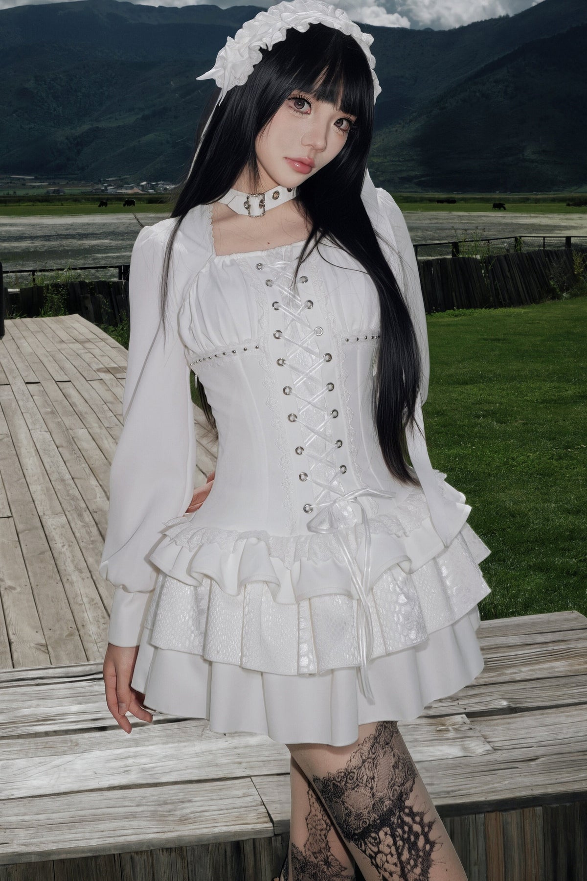 White Gothic Patchwork Corset Dress