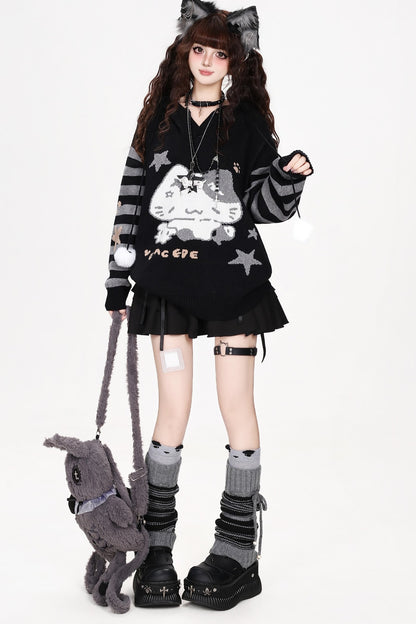 Cat Eating Fish Jacquard Hooded Sweater