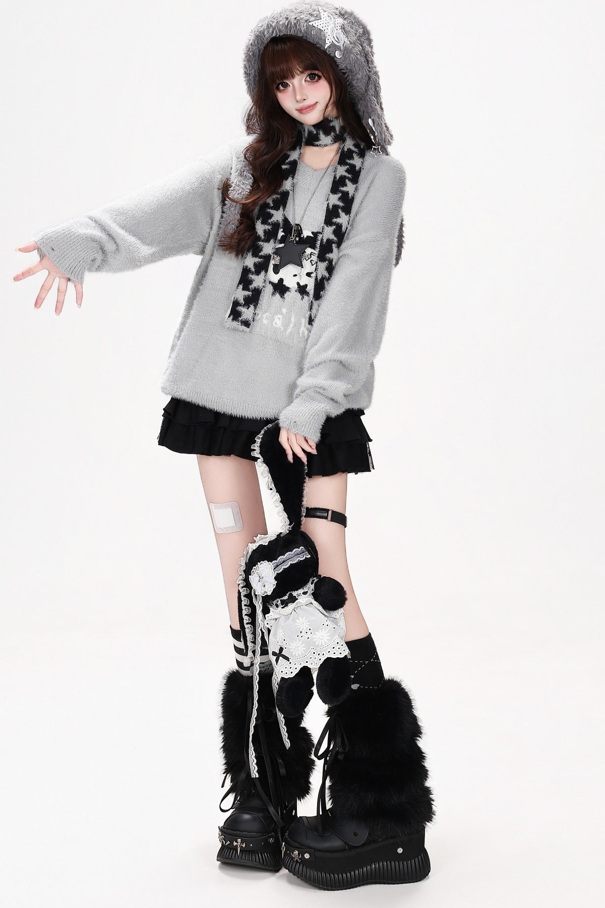 Jersey suelto de jacquard con gatito y estrella