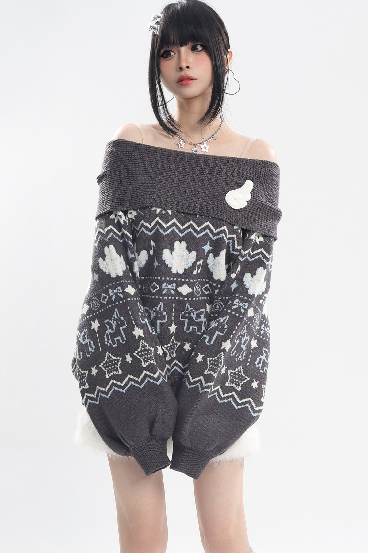 Fair Isle Off-Shoulder Sweater