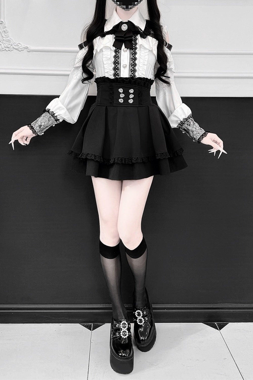 [Pre-order] Cold Shoulder Heart Buckle Long Sleeve Ruffle Lace Blouse with Bow Tie + Lace-Trim Pleated Mini Skirt Set
