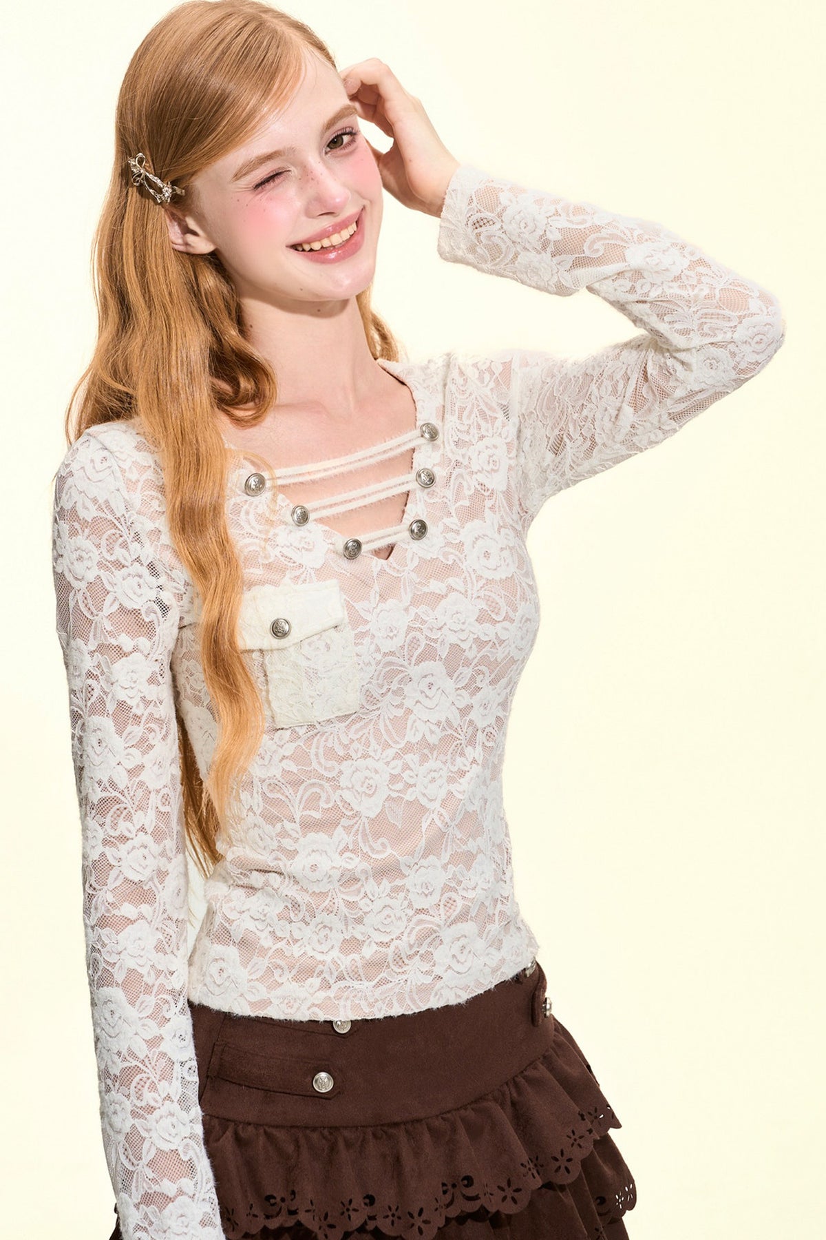 Metal Buckle V-Neck Lace Blouse