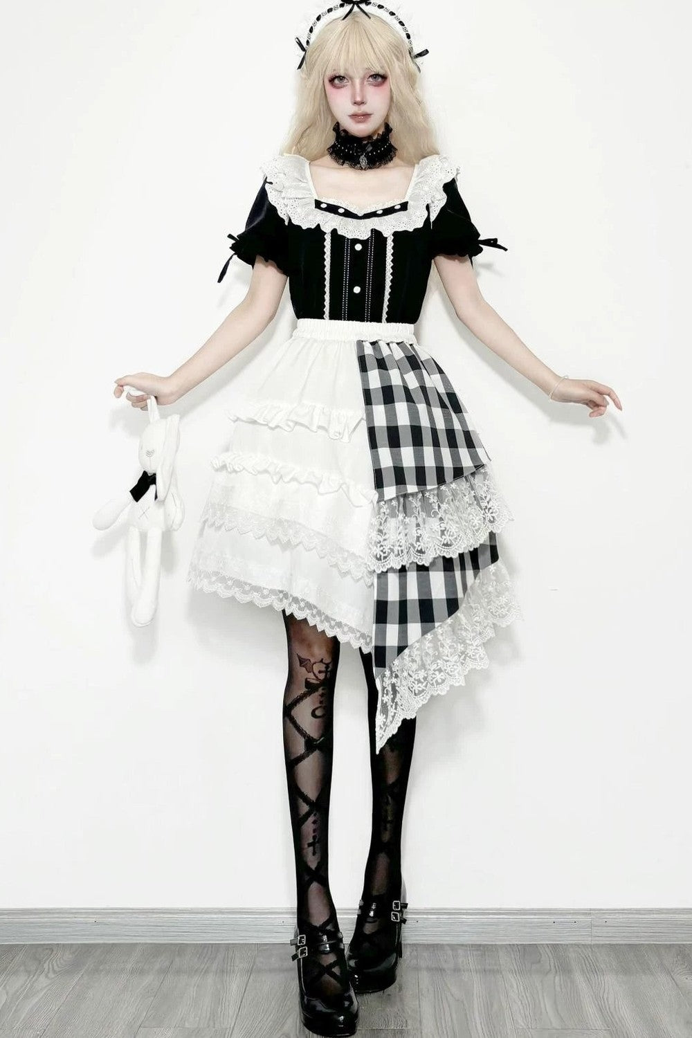 Lace Trim Plaid Skirt + Top + Hair Accessories