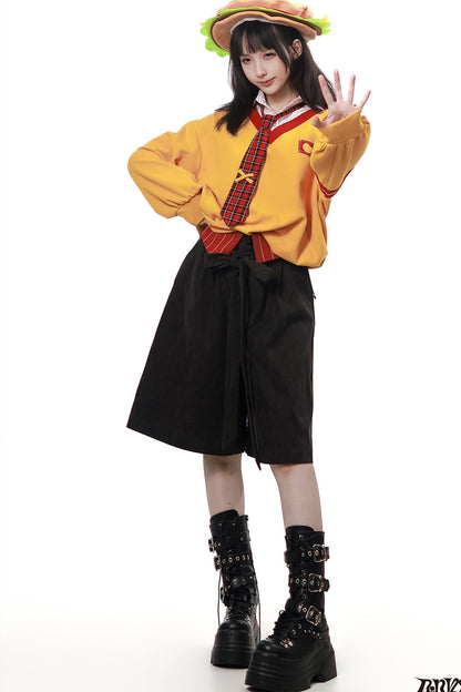 Rot-gelbes Kontrast-T-Shirt mit Hose und Rock als Set