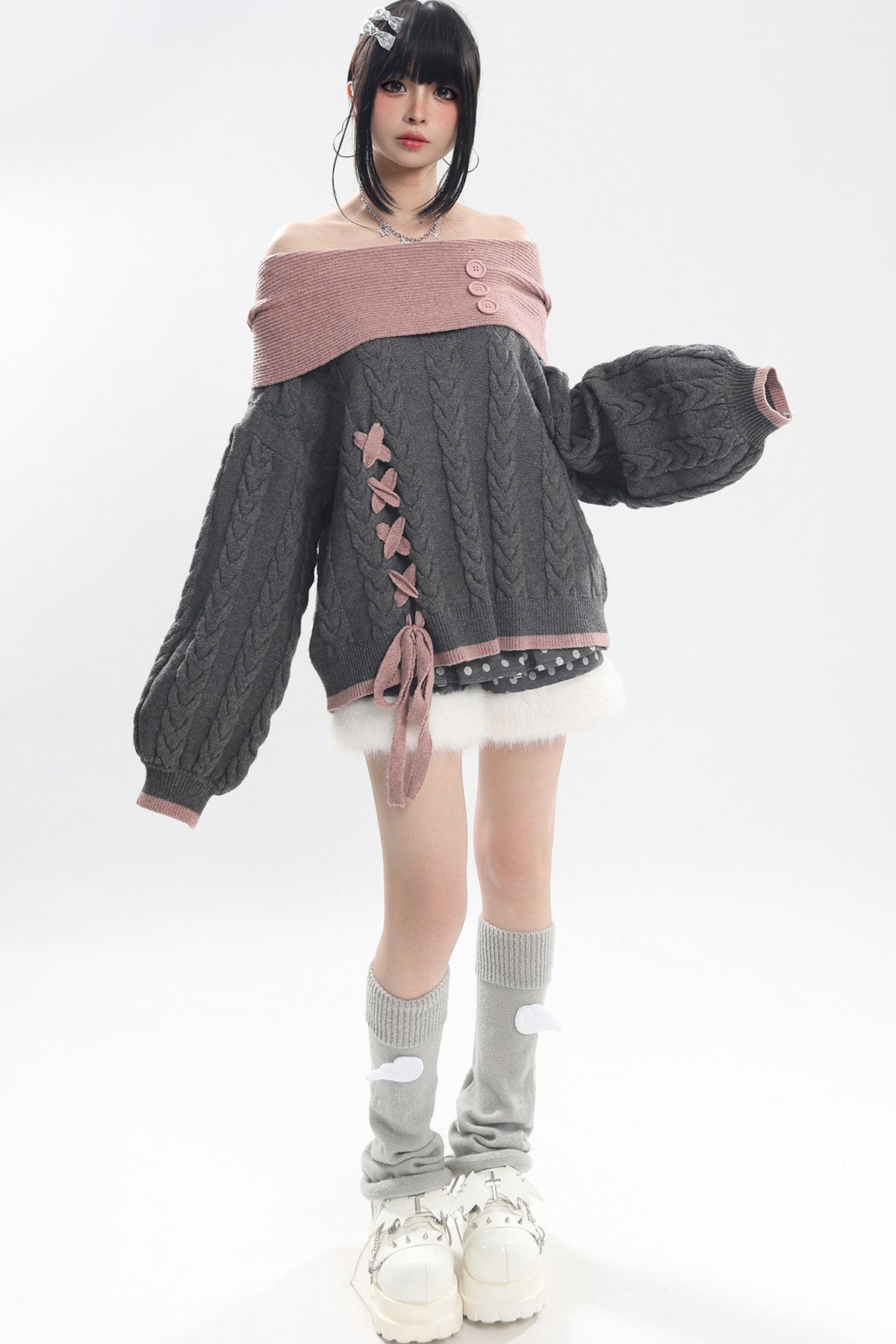Off-Shoulder Cat Heart Knit Sweater