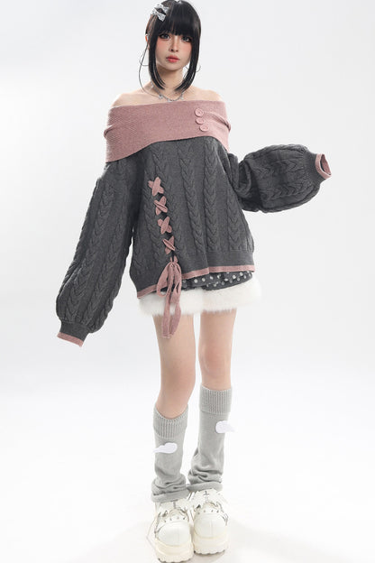 Off-Shoulder Cat Heart Knit Sweater
