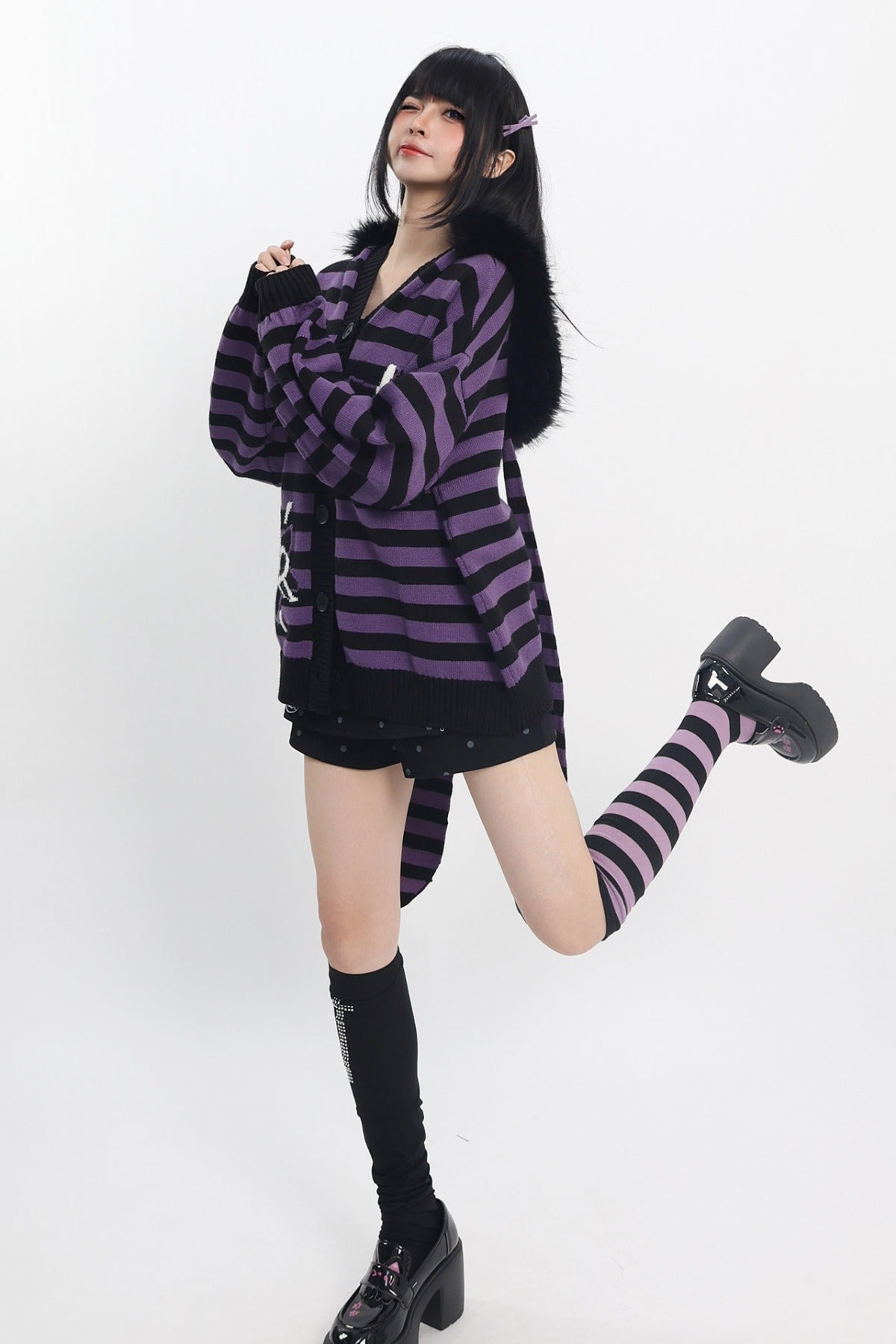 Y2K Purple Striped Fur Collar Cardigan