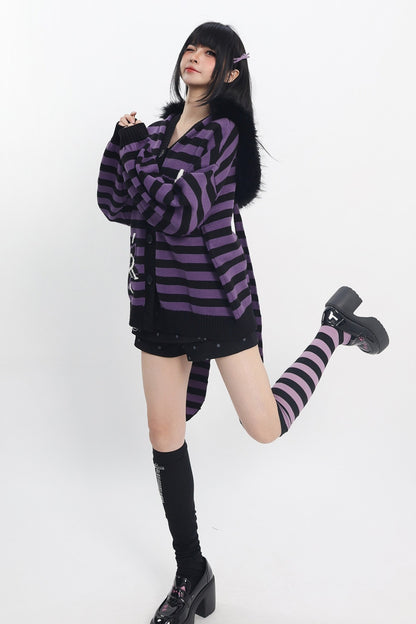 Y2K Purple Striped Fur Collar Cardigan