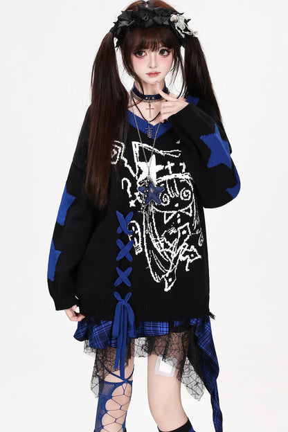 Anime V-Neck Tie Knit Pullover Sweater