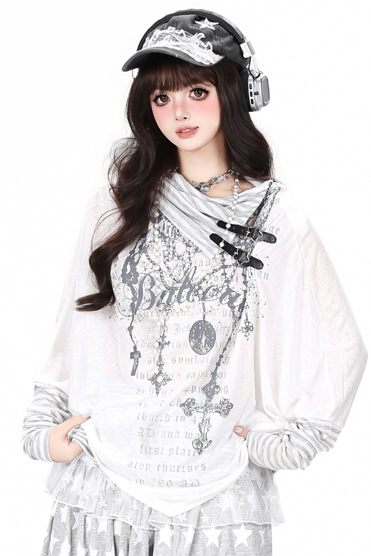 Gothic Print Striped Base Layer Top