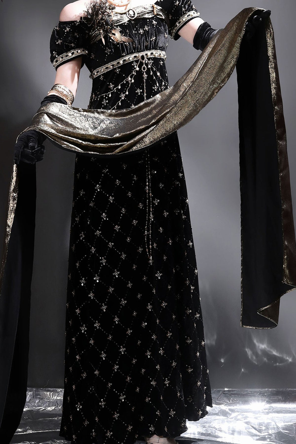 Black Gold Beaded Empire Dress