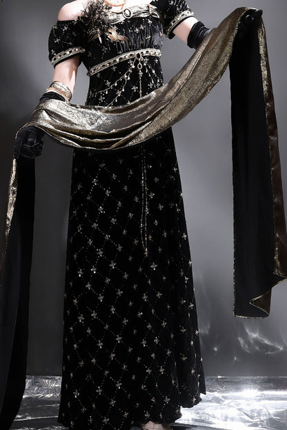 Black Gold Beaded Empire Dress