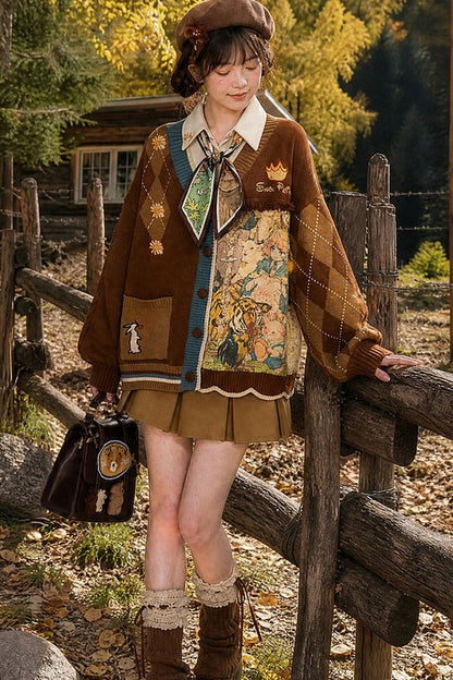 Vintage Oil Painting Knit Cardigan And Skirt