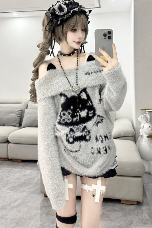 Cat Off-Shoulder Sweater