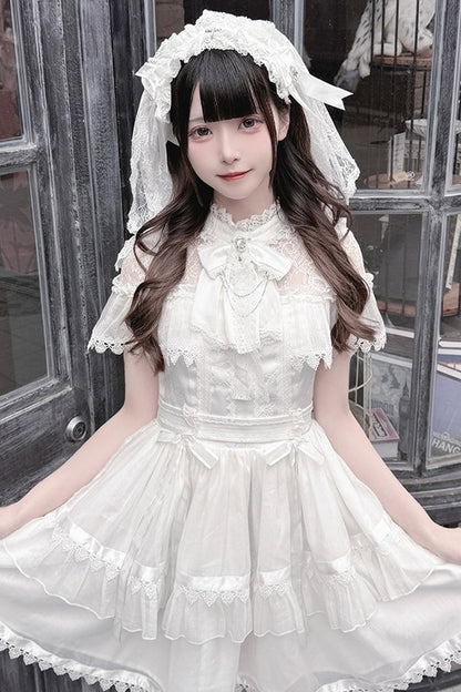 Gothic Short-Sleeve Tulle Waist Belt Dress Set-Up