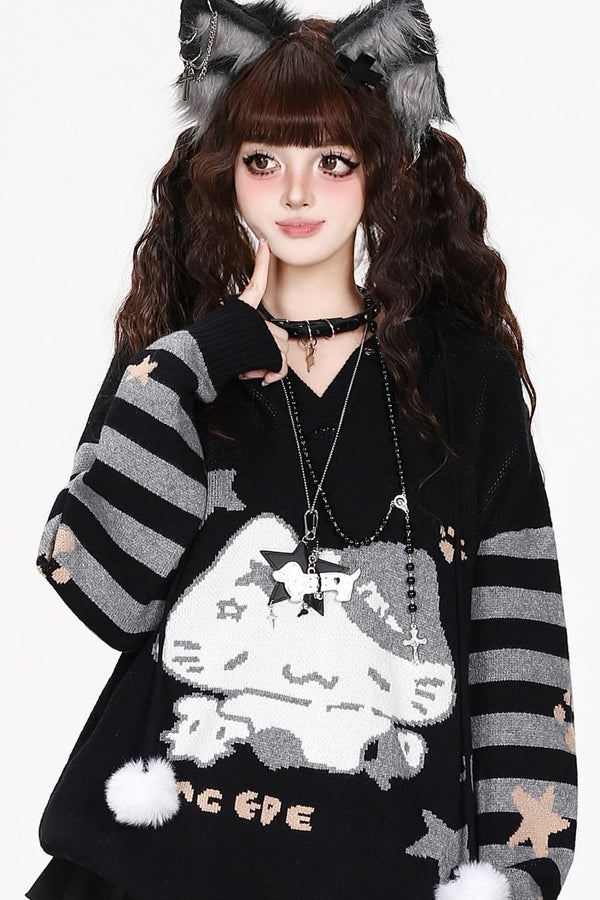 Cat Eating Fish Jacquard Hooded Sweater
