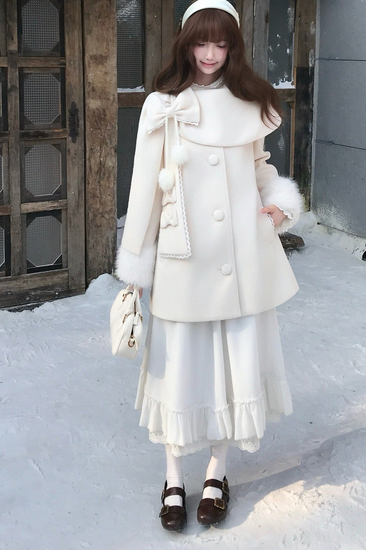 Apricot Wool Cape Coat and Skirt Set