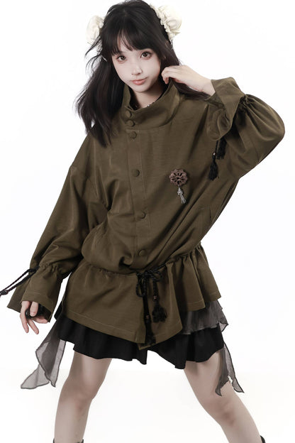 Ensemble veste et jupe au design vert et blanc, nouveau style chinois