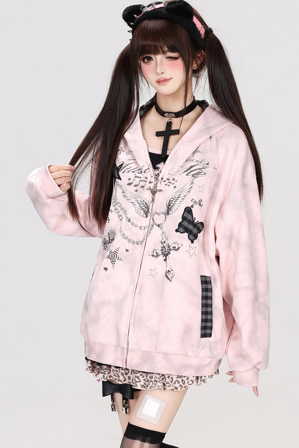 Cat Ear Tie-Dye Plaid Hooded Jacket