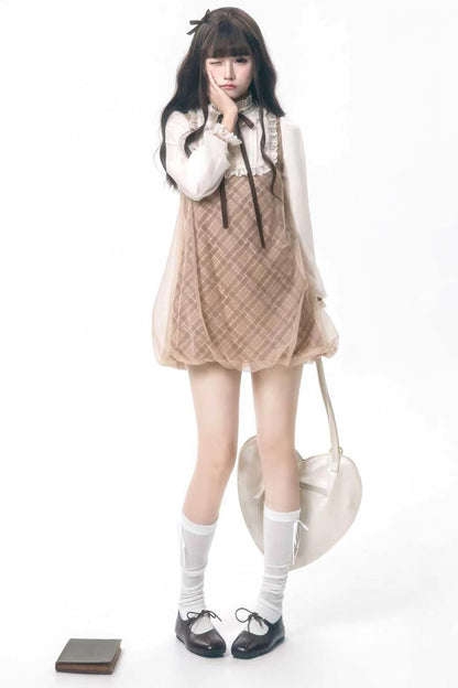 Brown Plaid Puff Dress