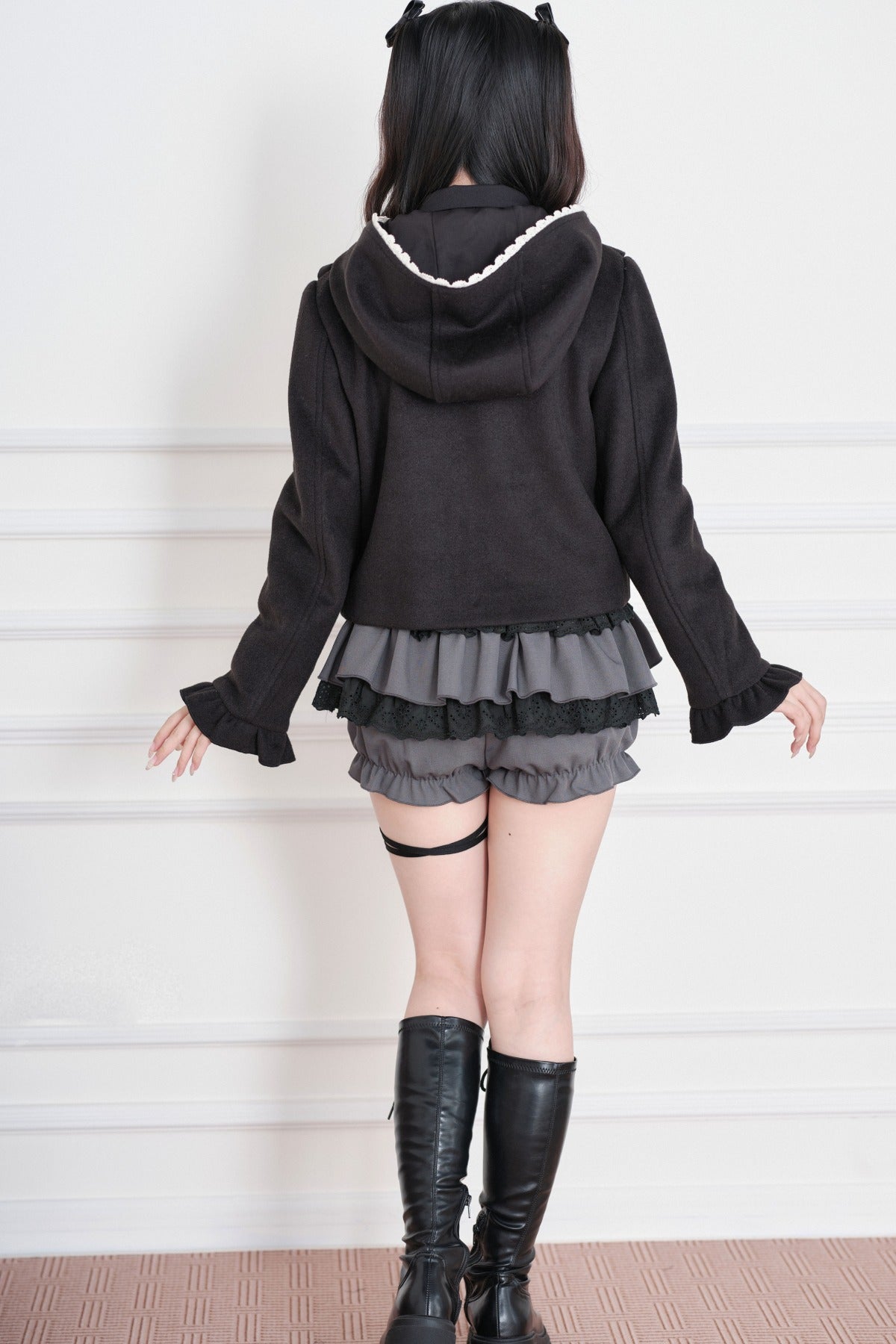 Ruffle Hooded Wool Jacket