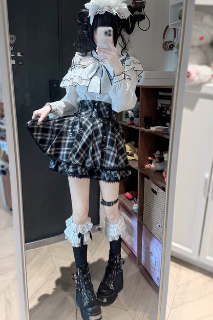 Long-Sleeved Lace Plaid Half Skirt and Top Set-Up