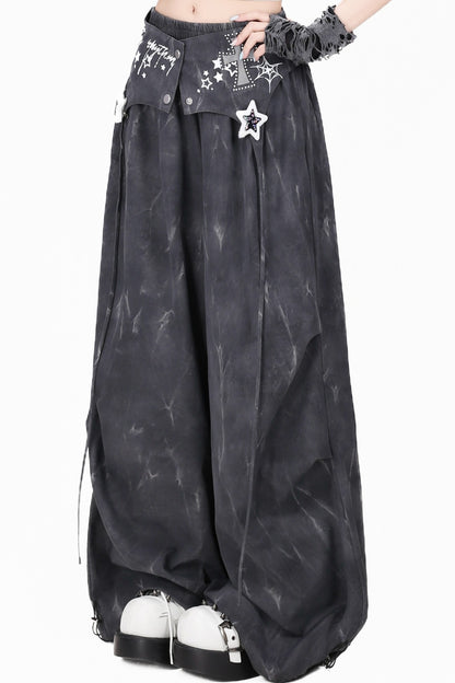 High-Waisted Layered Tie-Dye Wide-Leg Cargo Pants