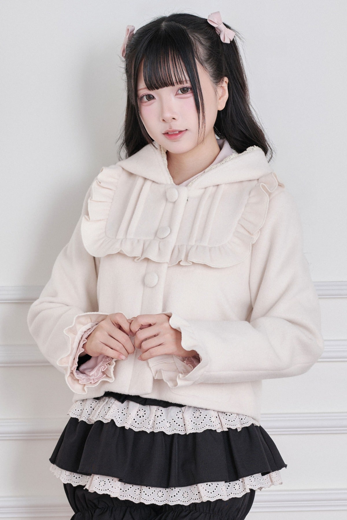 Ruffle Hooded Wool Jacket
