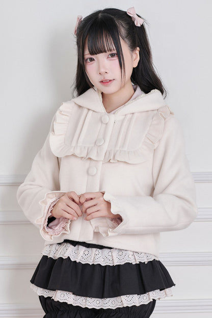 Ruffle Hooded Wool Jacket