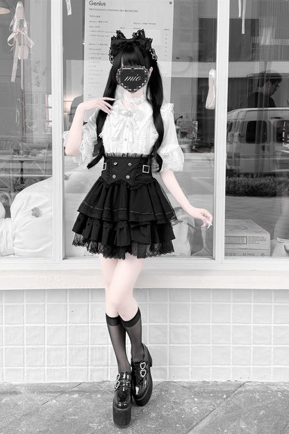 Cherry Short-Sleeved Lace Collar Shirt and Skirt Set-Up