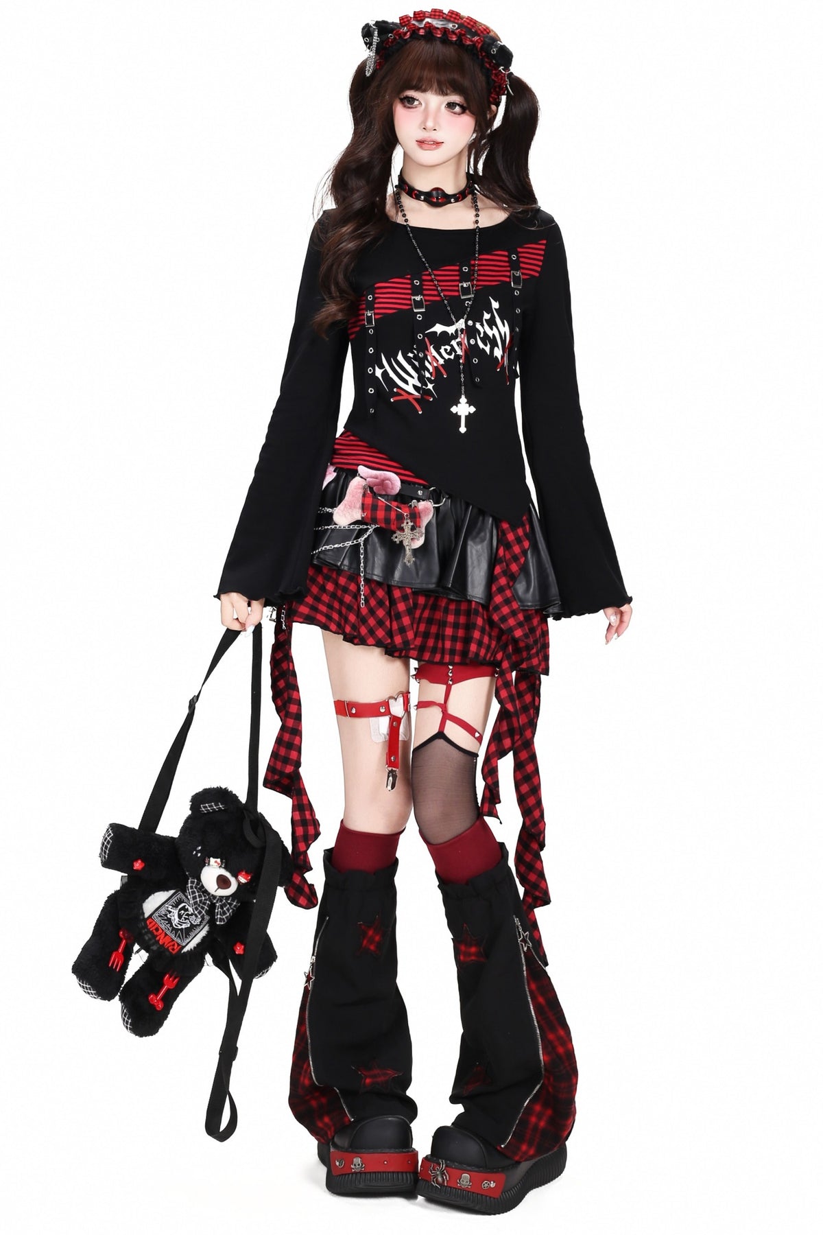 Schwarz-rot gestreiftes Patchwork-Langarm-T-Shirt
