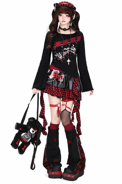 Schwarz-rot gestreiftes Patchwork-Langarm-T-Shirt