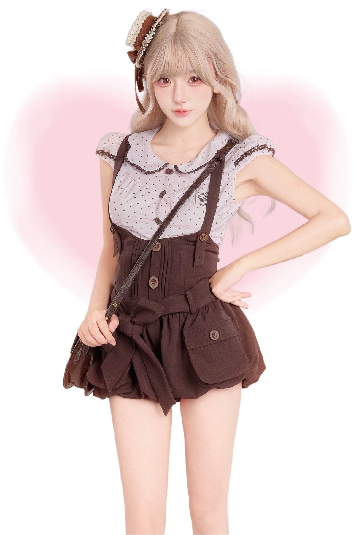 Pink Shirt With Brown Overalls and Pants Set-Up