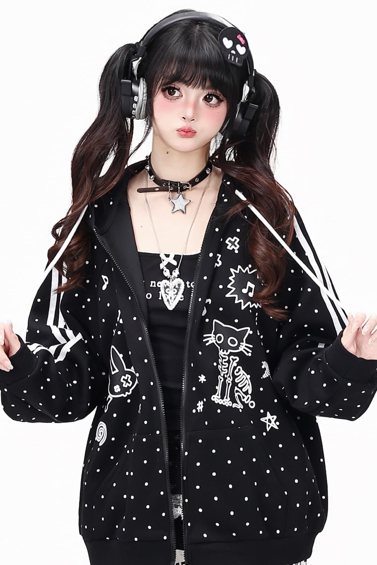 Skull Cat Ear Polka Dot Hooded Jacket