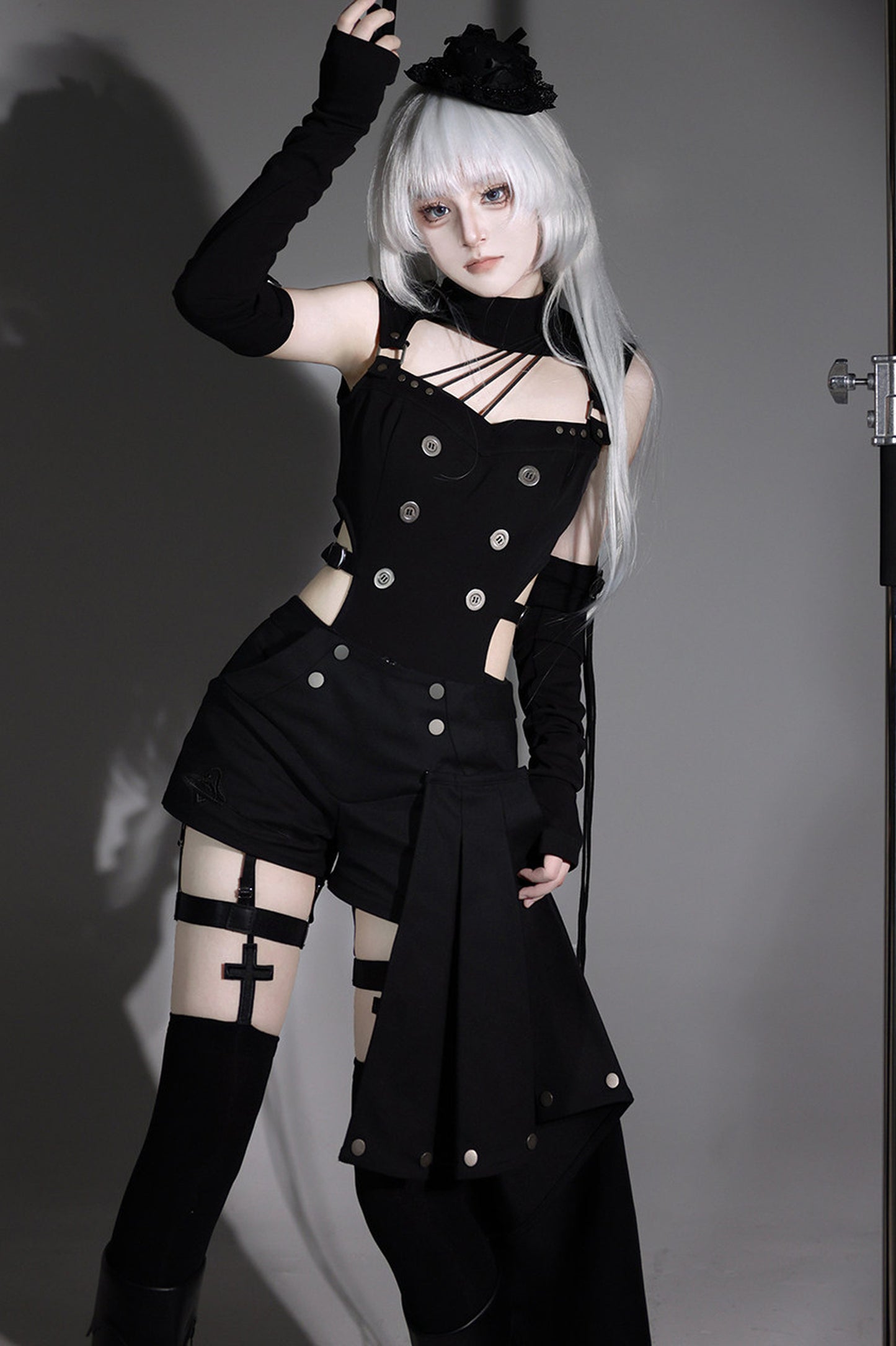 Top cyber gotico lolita + pantaloni + scaldabraccia