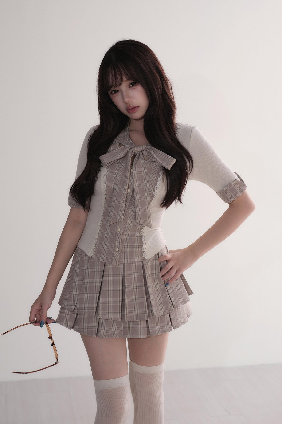 Plaid Patchwork Top and Skirt Set