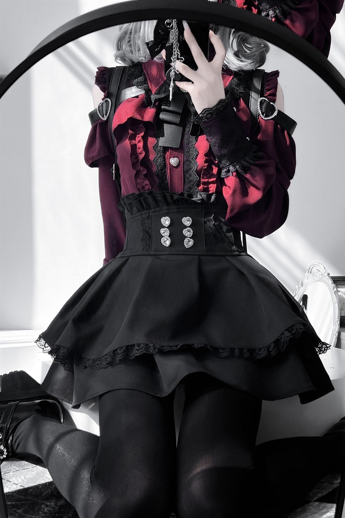[Pre-order] Cold Shoulder Heart Buckle Long Sleeve Ruffle Lace Blouse with Bow Tie + Lace-Trim Pleated Mini Skirt Set