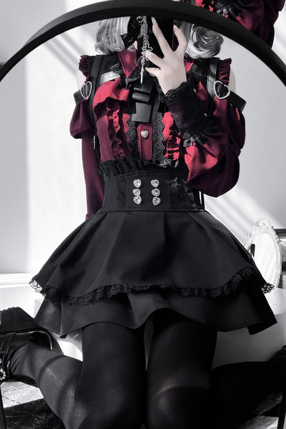 [Pre-order] Cold Shoulder Heart Buckle Long Sleeve Ruffle Lace Blouse with Bow Tie + Lace-Trim Pleated Mini Skirt Set