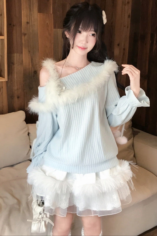 Loose Off-Shoulder Knit Top and Faux Rabbit Fur Skirt Set