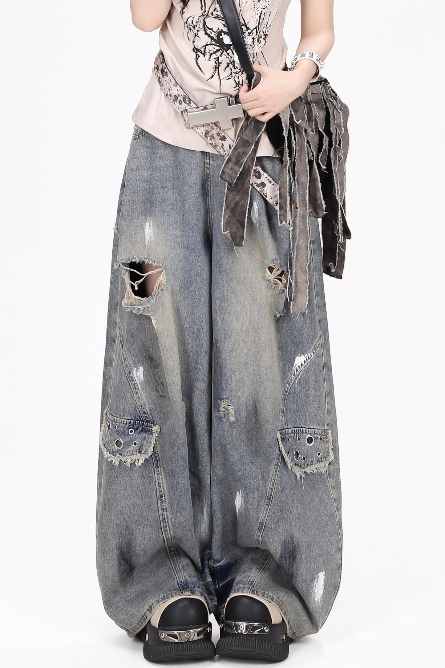 Vintage-Waschung Damage-Jeans mit weitem Bein